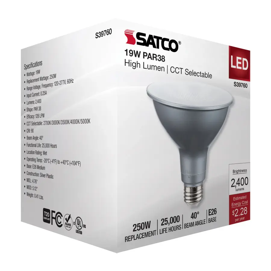 19 Watt PAR38 High Lumen LED - 27K/30K/35K/40K/50K CCT Selectable - Medium Base - 120-277 Volt - Image 9