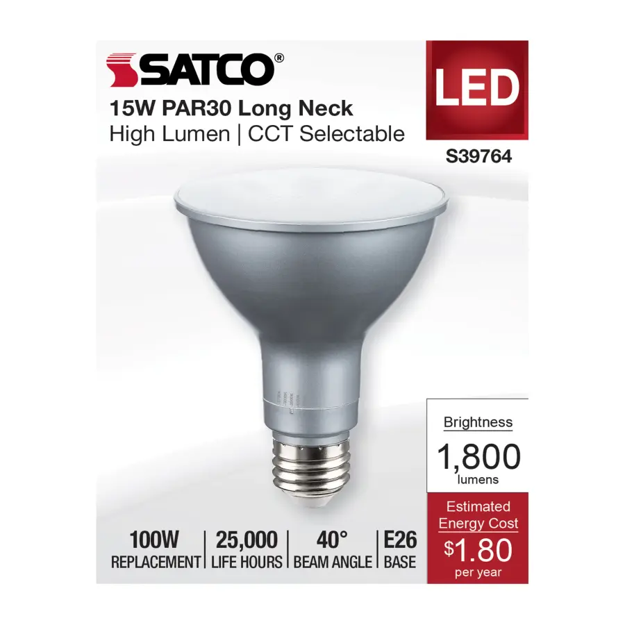 15 Watt PAR30LN High Lumen LED - Long Neck - 27K/30K/35K/40K/50K CCT Selectable - Medium Base - 120-277 Volt - Image 4