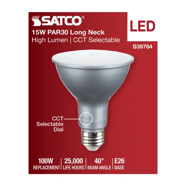 15 Watt PAR30LN High Lumen LED - Long Neck - 27K/30K/35K/40K/50K CCT Selectable - Medium Base - 120-277 Volt - Image 5