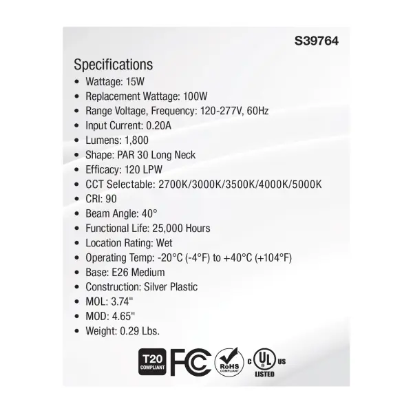 15 Watt PAR30LN High Lumen LED - Long Neck - 27K/30K/35K/40K/50K CCT Selectable - Medium Base - 120-277 Volt - Image 7
