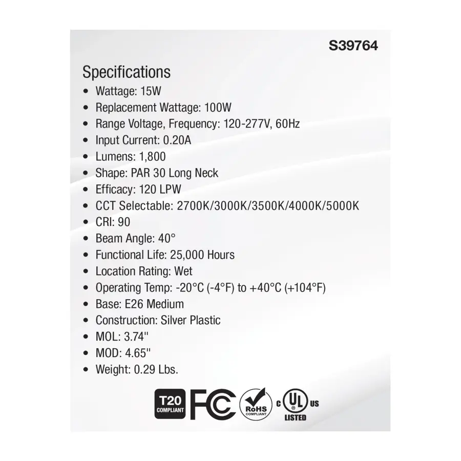 15 Watt PAR30LN High Lumen LED - Long Neck - 27K/30K/35K/40K/50K CCT Selectable - Medium Base - 120-277 Volt - Image 7