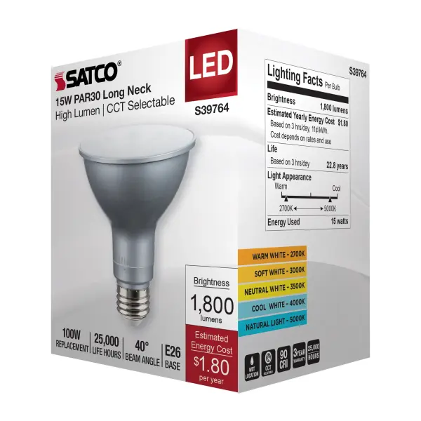 15 Watt PAR30LN High Lumen LED - Long Neck - 27K/30K/35K/40K/50K CCT Selectable - Medium Base - 120-277 Volt - Image 8