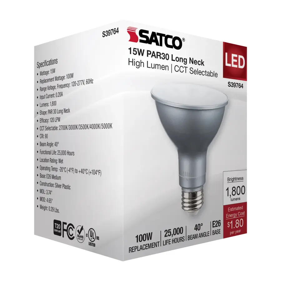 15 Watt PAR30LN High Lumen LED - Long Neck - 27K/30K/35K/40K/50K CCT Selectable - Medium Base - 120-277 Volt - Image 9