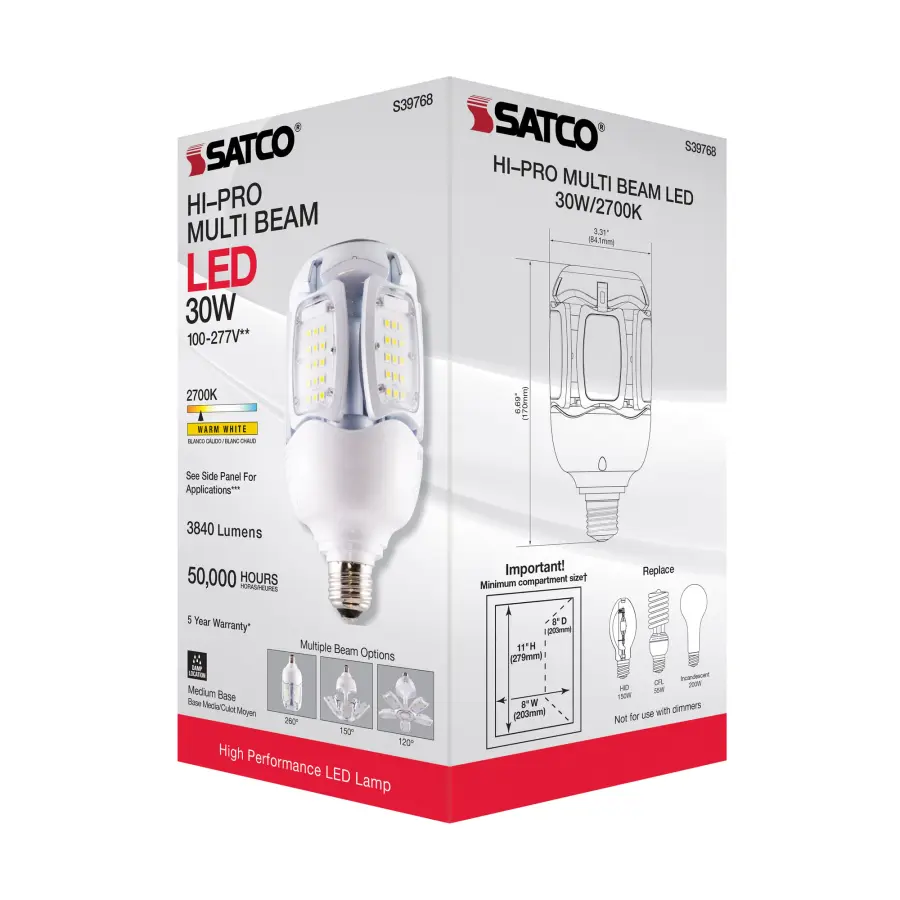 30 Watt LED HID Replacement - 2700K - Medium base - Adjustable Beam Angle - Type B Ballast Bypass -100-277 Volt - Image 9
