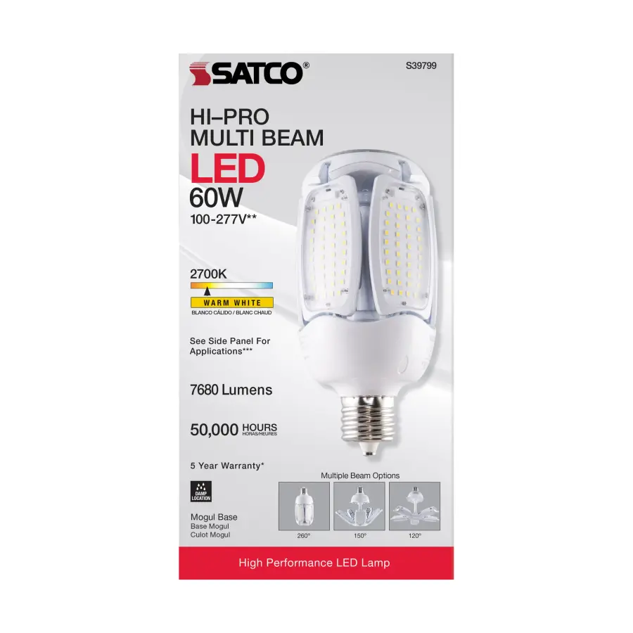 60 Watt LED HID Replacement - 2700K - Mogul extended base - Adjustable Beam Angle - Type B Ballast Bypass -100-277 Volt - Image 5