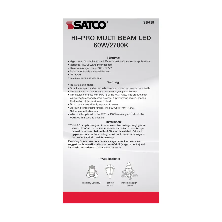 60 Watt LED HID Replacement - 2700K - Mogul extended base - Adjustable Beam Angle - Type B Ballast Bypass -100-277 Volt - Image 8