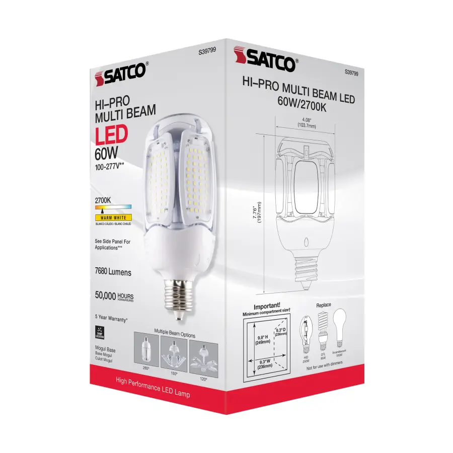 60 Watt LED HID Replacement - 2700K - Mogul extended base - Adjustable Beam Angle - Type B Ballast Bypass -100-277 Volt - Image 9