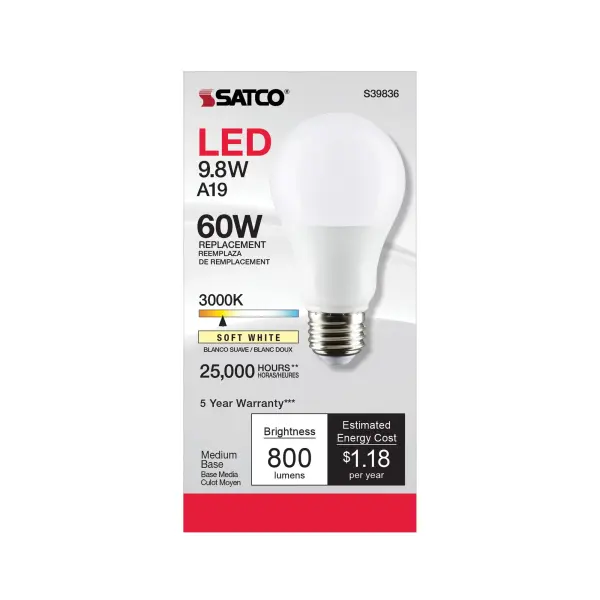 9.8 Watt - A19 LED - Omni-directional - 3000K - Medium base - 220 deg. Beam Angle - 120 Volt - Image 3