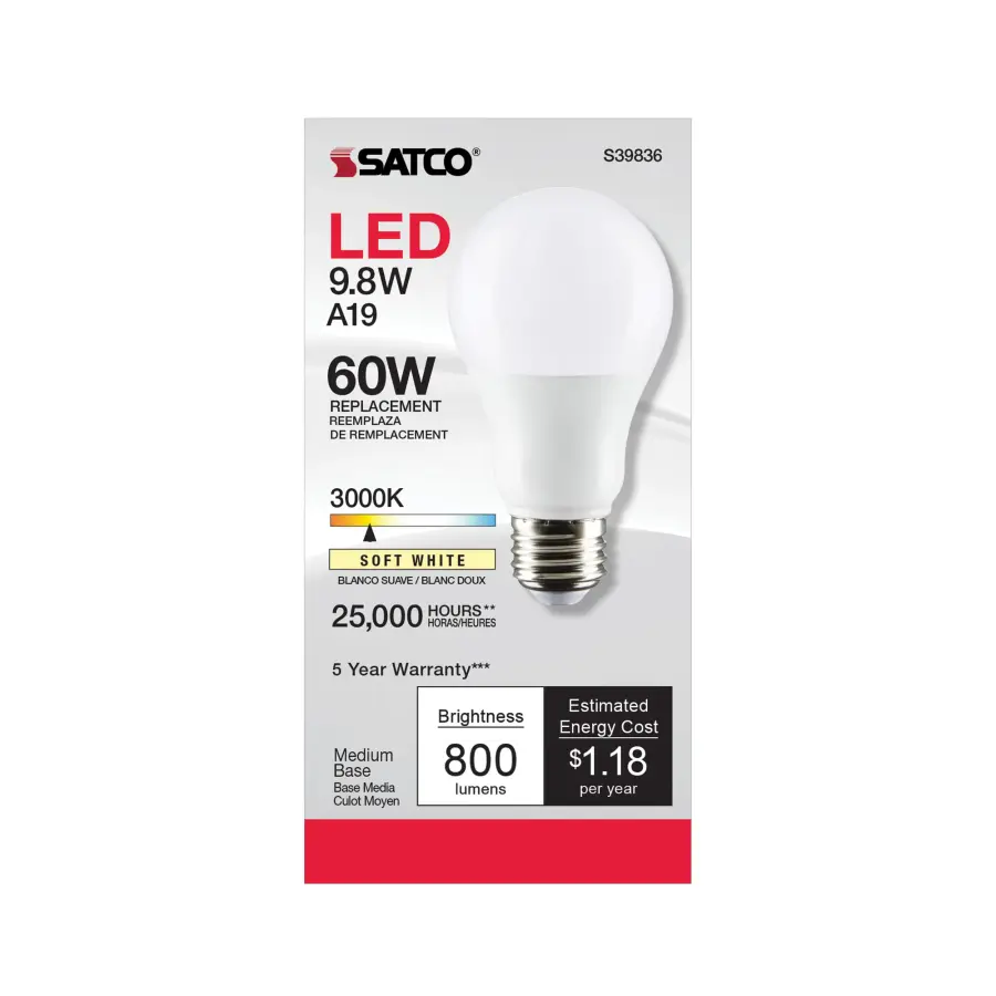 9.8 Watt - A19 LED - Omni-directional - 3000K - Medium base - 220 deg. Beam Angle - 120 Volt - Image 3
