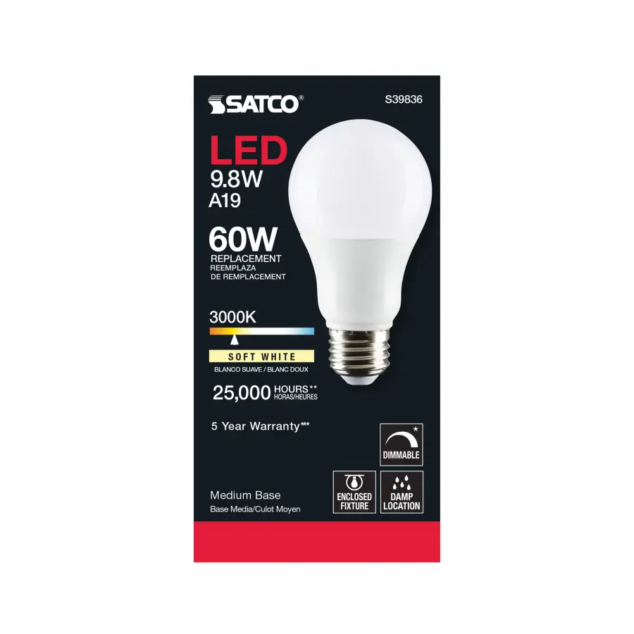 9.8 Watt - A19 LED - Omni-directional - 3000K - Medium base - 220 deg. Beam Angle - 120 Volt - Image 4