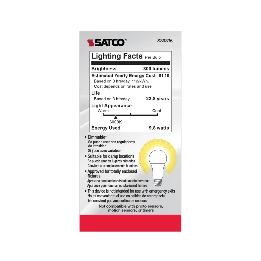 9.8 Watt - A19 LED - Omni-directional - 3000K - Medium base - 220 deg. Beam Angle - 120 Volt - Image 6
