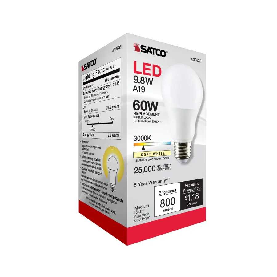 9.8 Watt - A19 LED - Omni-directional - 3000K - Medium base - 220 deg. Beam Angle - 120 Volt - Image 7