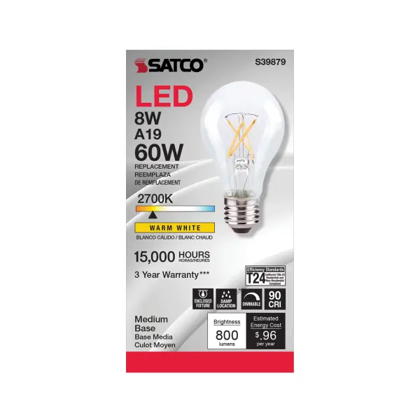 8 Watt A19 LED Filament - Clear Finish - Medium base - 2700K - 120 Volt - Image 2
