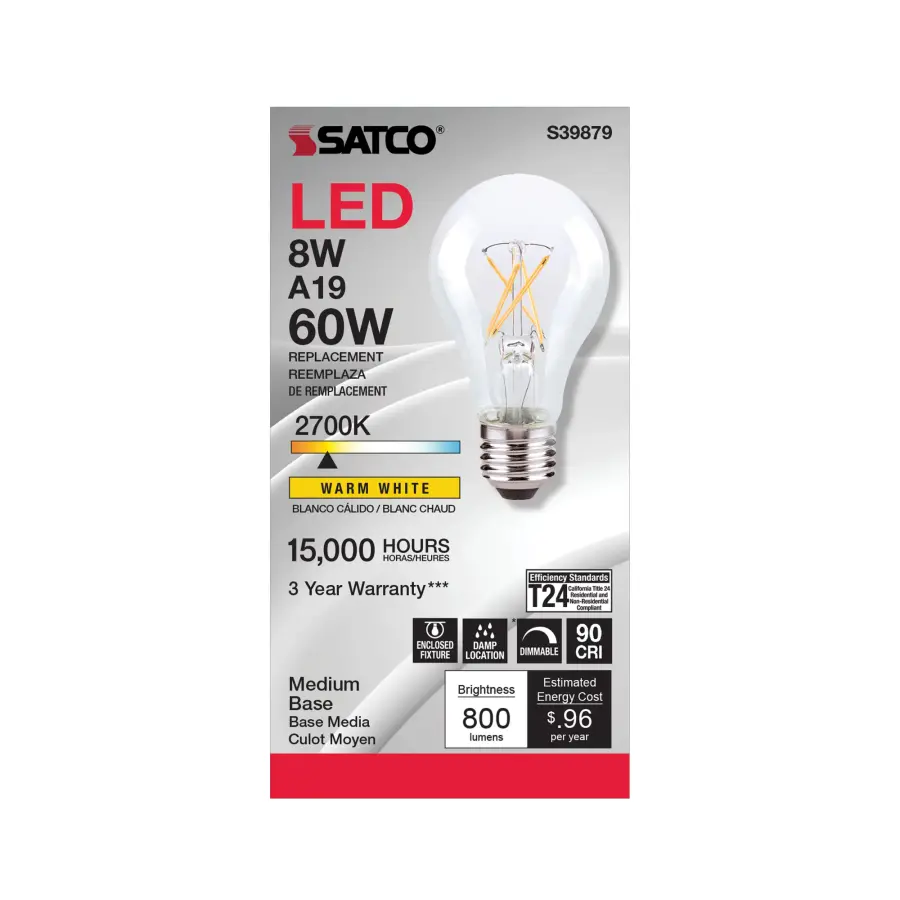8 Watt A19 LED Filament - Clear Finish - Medium base - 2700K - 120 Volt - Image 2