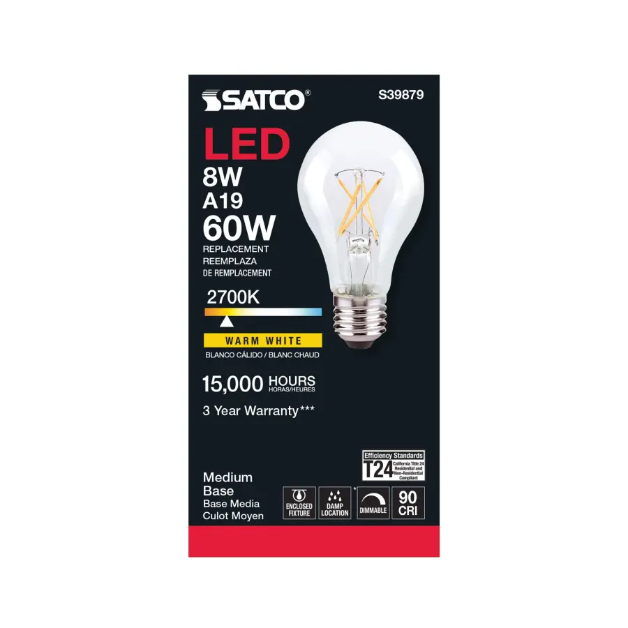 8 Watt A19 LED Filament - Clear Finish - Medium base - 2700K - 120 Volt - Image 3