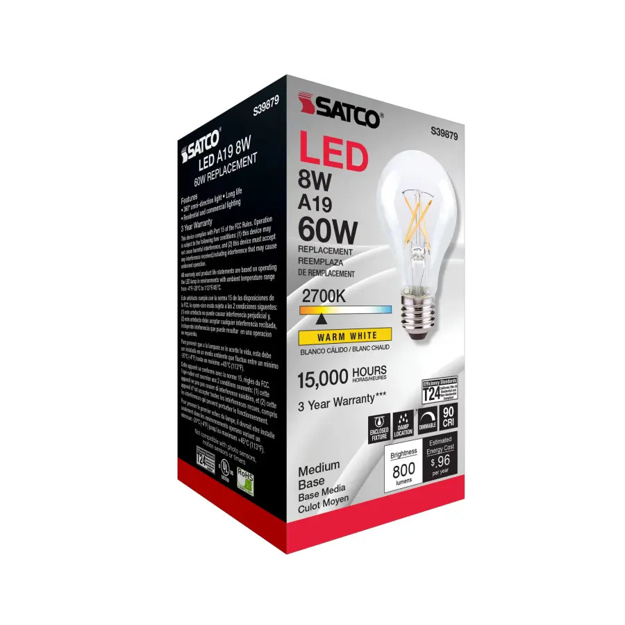 8 Watt A19 LED Filament - Clear Finish - Medium base - 2700K - 120 Volt - Image 6