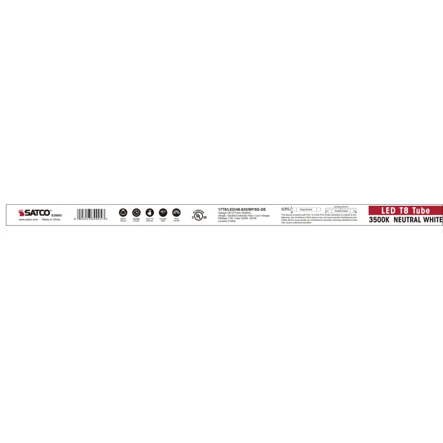 17 Watt T8 LED - 4Ft - 3500K - Medium Bi Pin base - 50000 Average rated hours - 2100 Lumens - Type B - Ballast Bypass - Single or Double Ended Wiring - Image 7