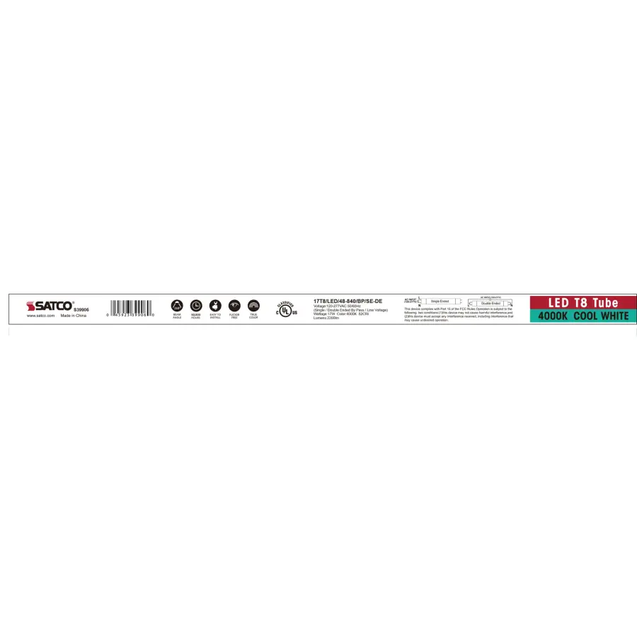 17 Watt T8 LED - 4Ft - 4000K - Medium Bi Pin base - 50000 Average rated hours - 2200 Lumens - Type B - Ballast Bypass - Single or Double Ended Wiring - Image 7