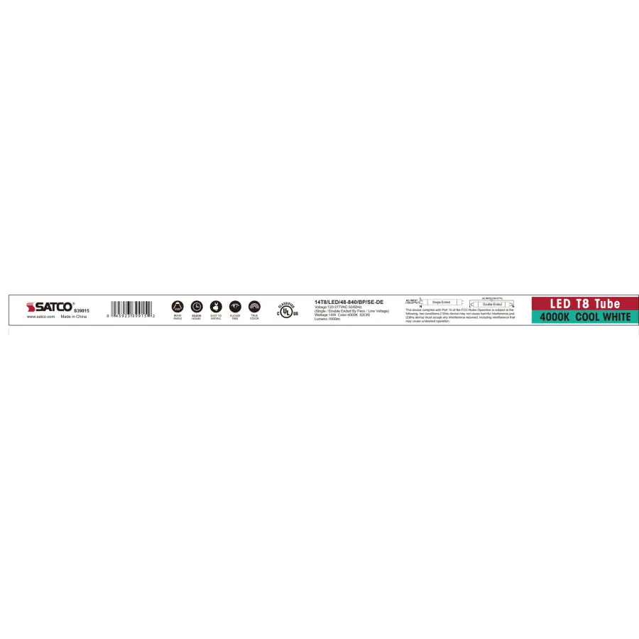14 Watt T8 LED - 4Ft - 4000K - Medium Bi Pin base - 50000 Average rated hours - 1800 Lumens - Type B - Ballast Bypass - Single or Double Ended Wiring - Image 7