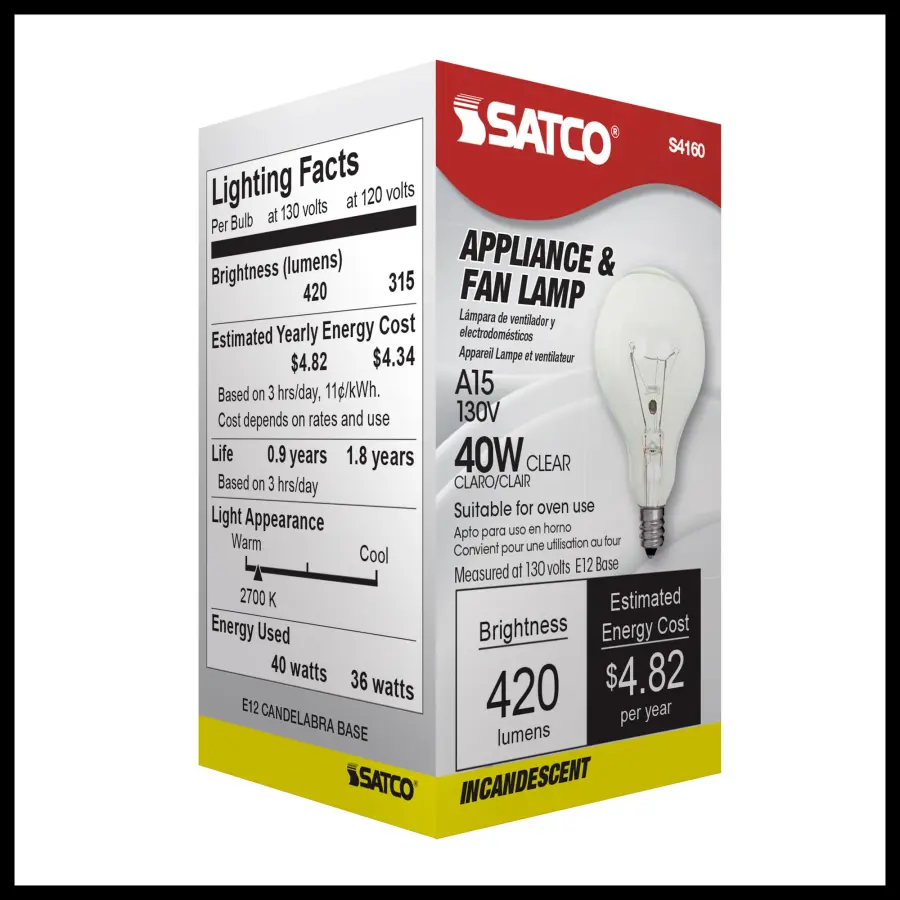 40 Watt A15 Incandescent - Clear - Appliance Lamp - 1000 Average rated hours - 420 Lumens - Candelabra base - 130 Volt - Image 8