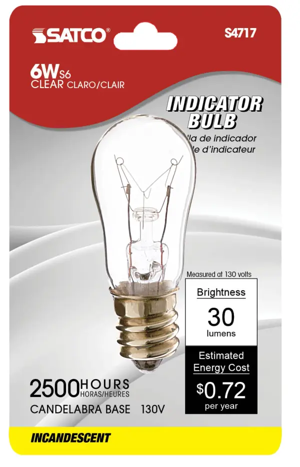 6 Watt S6 Incandescent - Clear - 2500 Average rated hours - 30 Lumens - Candelabra base - 130 Volt - 2-Card - alternate view