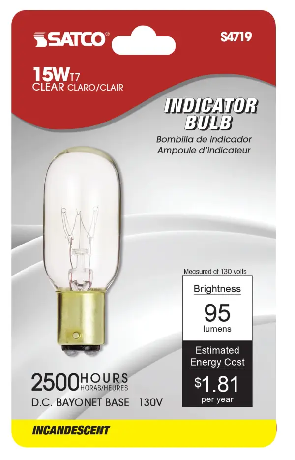 15 Watt T7 Incandescent - Clear - 2500 Average rated hours - 95 Lumens - DC Bay base - 130 Volt - Carded - alternate view