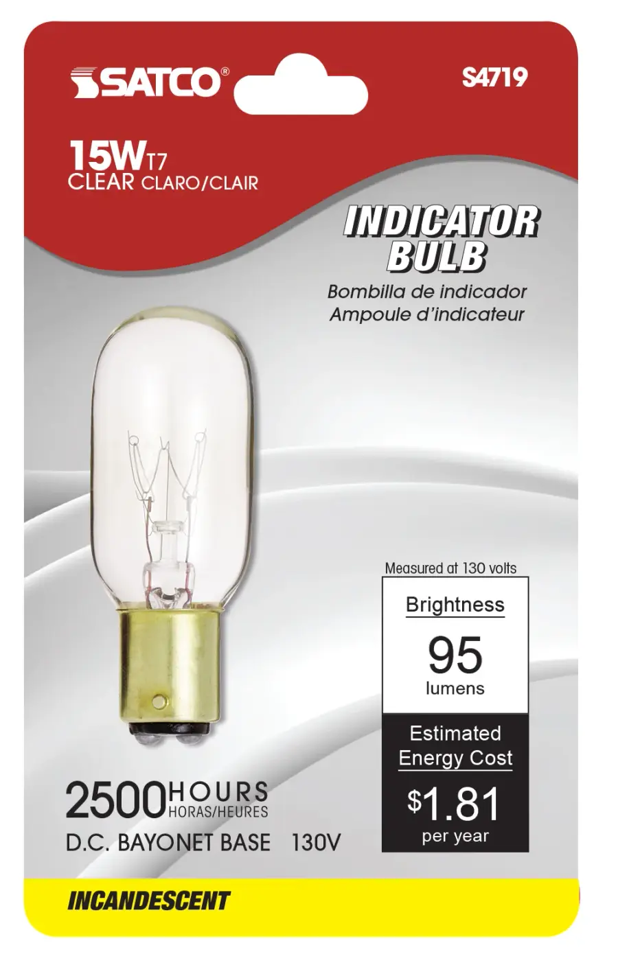 15 Watt T7 Incandescent - Clear - 2500 Average rated hours - 95 Lumens - DC Bay base - 130 Volt - Carded - Image 2