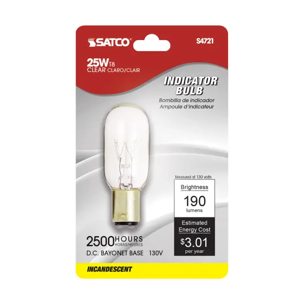25 Watt T8 Incandescent - Clear - 2500 Average rated hours - 190 Lumens - DC Bay base - 130 Volt - Carded - alternate view