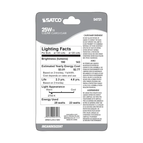 25 Watt T8 Incandescent - Clear - 2500 Average rated hours - 190 Lumens - DC Bay base - 130 Volt - Carded - Image 3