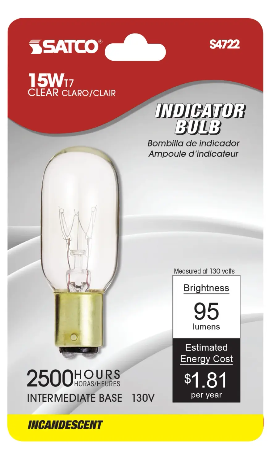 15 Watt T7 Incandescent - Clear - 2500 Average rated hours - 95 Lumens - Intermediate base - 130 Volt - Carded - Image 2