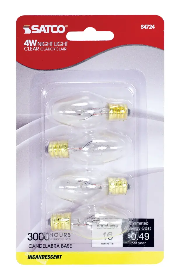 4 Watt C7 Incandescent - Clear - 3000 Average rated hours - 16 Lumens - Candelabra base - 120 Volt - 4-Card - alternate view