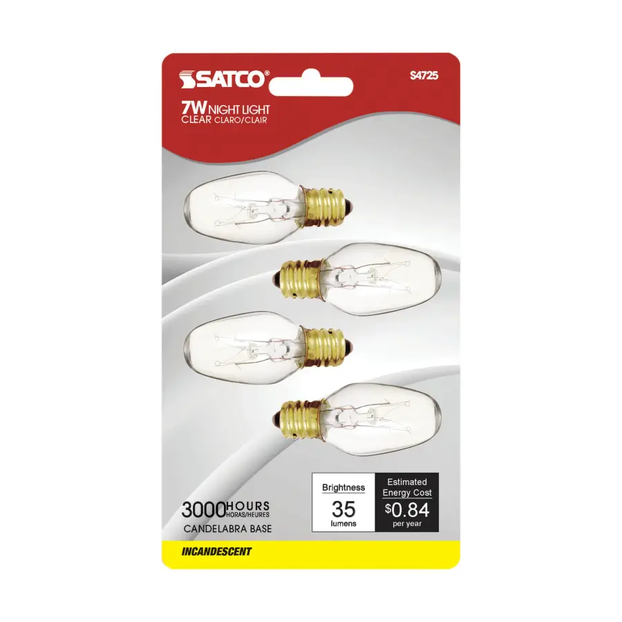 7 Watt C7 Incandescent - Clear - 3000 Average rated hours - 35 Lumens - Candelabra base - 120 Volt - 4-Card - Image 2
