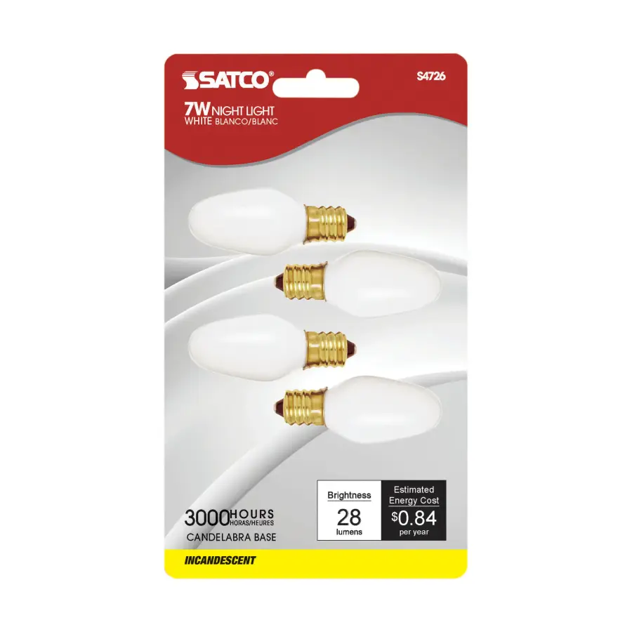7 Watt C7 Incandescent - White - 3000 Average rated hours - 28 Lumens - Candelabra base - 120 Volt - 4-Card - Image 2