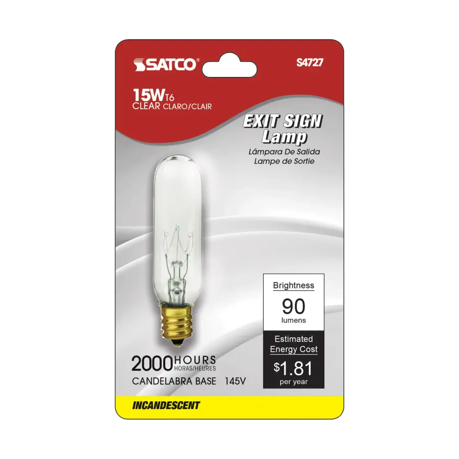 15 Watt T6 Incandescent - Clear - 2000 Average rated hours - 90 Lumens - Candelabra base - 145 Volt - Carded - Image 2
