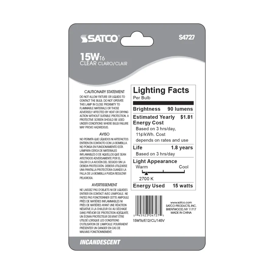 15 Watt T6 Incandescent - Clear - 2000 Average rated hours - 90 Lumens - Candelabra base - 145 Volt - Carded - Image 3