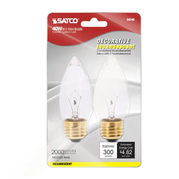 40 Watt B10 Incandescent - Clear - 2000 Average rated hours - 300 Lumens - Medium base - 120 Volt - 2-Card - alternate view