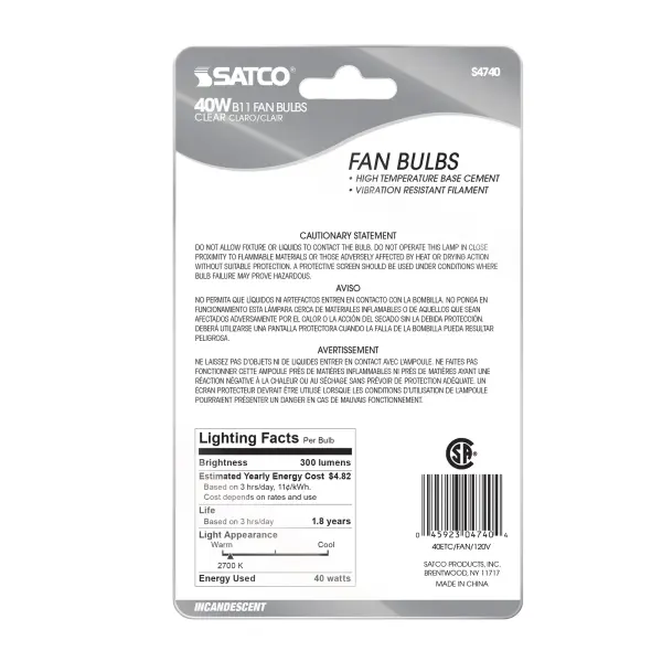 40 Watt B10 Incandescent - Clear - 2000 Average rated hours - 300 Lumens - Medium base - 120 Volt - 2-Card - Image 3