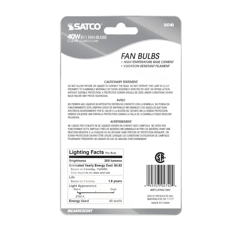 40 Watt B10 Incandescent - Clear - 2000 Average rated hours - 300 Lumens - Medium base - 120 Volt - 2-Card - Image 3