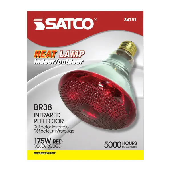 SATCO NUVO offers a full line of incandescent heat lamps, providing a reliable and versatile heating solution designed to generate focused heat for a variety of applications. With four unique shapes to choose from-PAR38, BR38, R40, and BR40-these lamps combine functionality and performance to meet diverse needs. Featuring a standard E26 medium base and operating at 120 volts, they emit a comforting glow that's perfect for maintaining warmth. Available in both red and clear finishes, select models are enhanced with a shatterproof coating for added safety and durability. Engineered to emit infrared radiation, these heat lamps excel at providing targeted heat, making them ideal for keeping poultry and piglets warm in brooders, maintaining food at serving temperatures, or adding comfort to bathrooms. Their practical design and dependable performance make them an excellent choice for agricultural, commercial, and residential settings alike. - alternate view