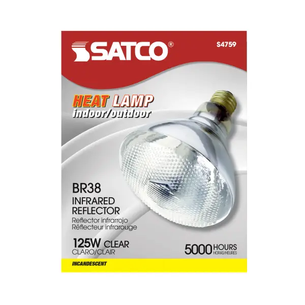 SATCO NUVO offers a full line of incandescent heat lamps, providing a reliable and versatile heating solution designed to generate focused heat for a variety of applications. With four unique shapes to choose from-PAR38, BR38, R40, and BR40-these lamps combine functionality and performance to meet diverse needs. Featuring a standard E26 medium base and operating at 120 volts, they emit a comforting glow that's perfect for maintaining warmth. Available in both red and clear finishes, select models are enhanced with a shatterproof coating for added safety and durability. Engineered to emit infrared radiation, these heat lamps excel at providing targeted heat, making them ideal for keeping poultry and piglets warm in brooders, maintaining food at serving temperatures, or adding comfort to bathrooms. Their practical design and dependable performance make them an excellent choice for agricultural, commercial, and residential settings alike. - alternate view