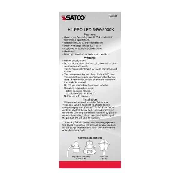 54 Watt LED HID Replacement - 5000K - Extended Mogul base - Type B Ballast Bypass - Economy Hi-Pro - Image 7