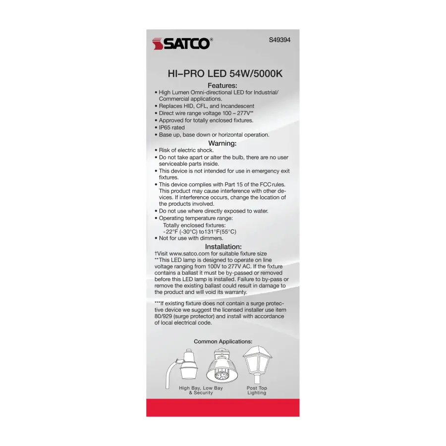 54 Watt LED HID Replacement - 5000K - Extended Mogul base - Type B Ballast Bypass - Economy Hi-Pro - Image 7