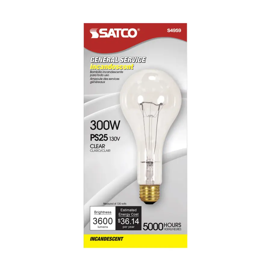300 Watt PS25 Incandescent - Clear - 5000 Average rated hours - 3600 Lumens - Medium base - 130 Volt - Image 2