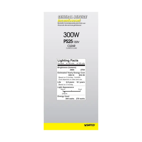 300 Watt PS25 Incandescent - Clear - 5000 Average rated hours - 3600 Lumens - Medium base - 130 Volt - Image 5