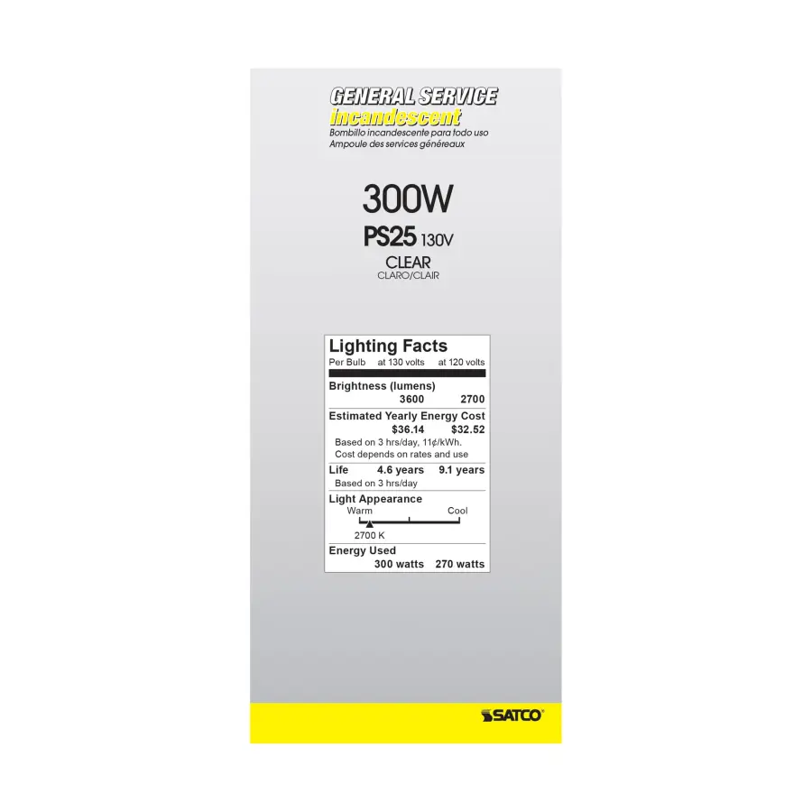 300 Watt PS25 Incandescent - Clear - 5000 Average rated hours - 3600 Lumens - Medium base - 130 Volt - Image 5