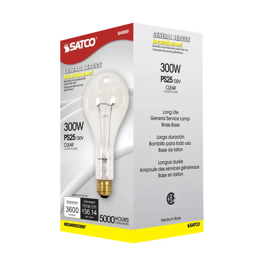 300 Watt PS25 Incandescent - Clear - 5000 Average rated hours - 3600 Lumens - Medium base - 130 Volt - Image 6