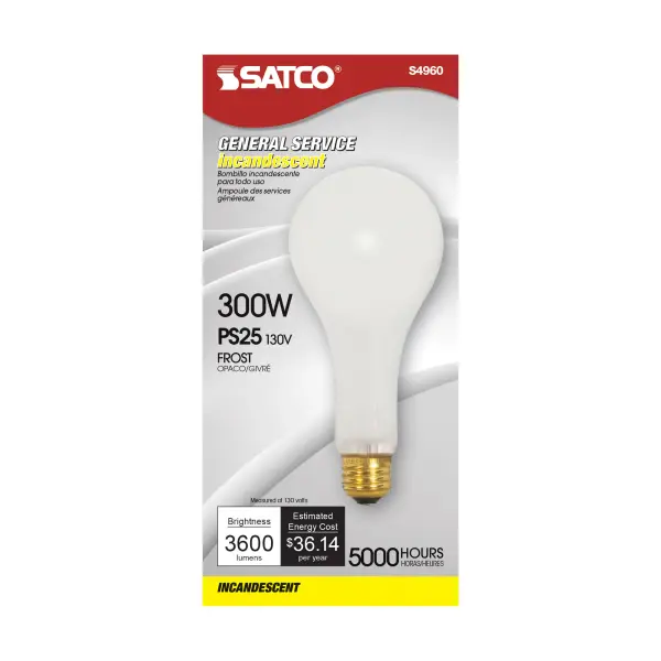 300 Watt PS25 Incandescent - Frost - 5000 Average rated hours - 3600 Lumens - Medium base - 130 Volt - alternate view