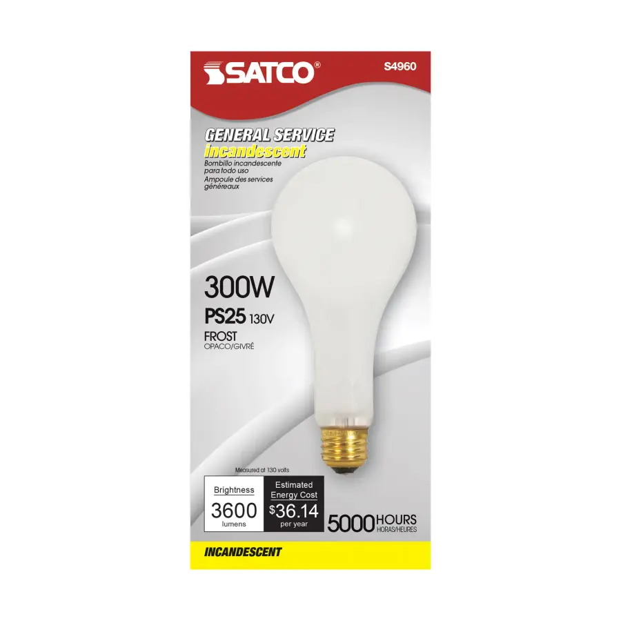 300 Watt PS25 Incandescent - Frost - 5000 Average rated hours - 3600 Lumens - Medium base - 130 Volt - Image 2