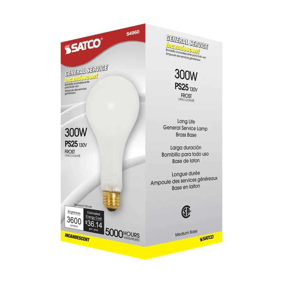 300 Watt PS25 Incandescent - Frost - 5000 Average rated hours - 3600 Lumens - Medium base - 130 Volt - Image 6