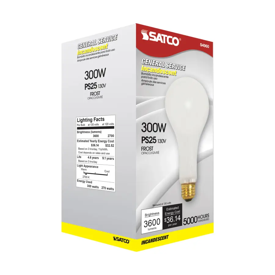 300 Watt PS25 Incandescent - Frost - 5000 Average rated hours - 3600 Lumens - Medium base - 130 Volt - Image 7